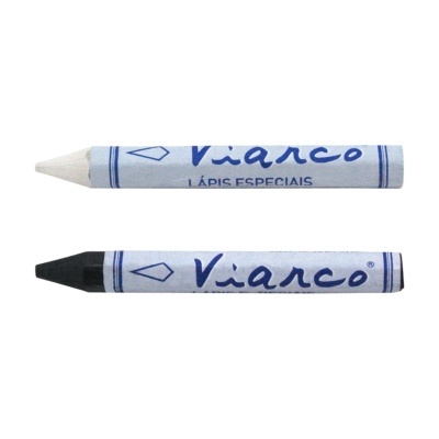 Dois lápis Viarco cera branco e preto com corpo azul claro