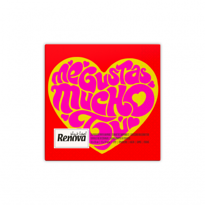 Embalagem vermelha com coração amarelo e texto rosa 'Me gustas mucho' e logotipo Renova Black Label
