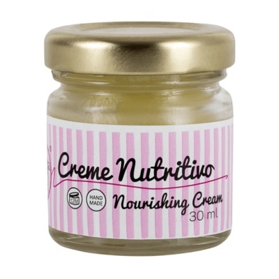 Frasco de creme nutritivo com rótulo rosa e branco