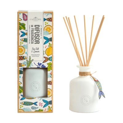 Difusor de fragrância Castbel Porto Sea Salt & Lemon com embalagem colorida e base cerâmica branca