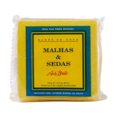 Sabão de coco para malhas e sedas, embalagem amarela e azul