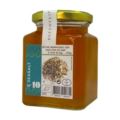 Frasco de néctar aromatizado com alga fava do mar e flor de sal com rótulo azul e branco