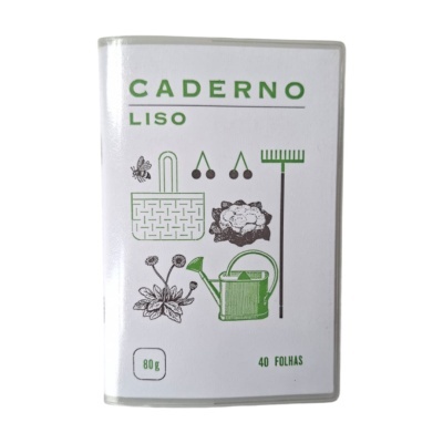 Caderno branco com ilustrações e texto em verde e preto