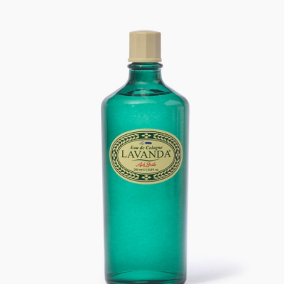 Frasco de colónia lavanda verde com rótulo oval amarelo