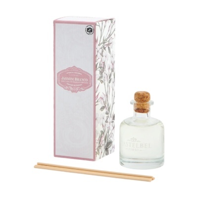 Difusor de fragrância Castelbels Jasmim Branco com embalagem e jarra de vidro