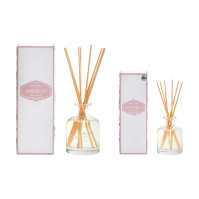 Ambientadores com frascos de vidro e embalagens brancas com rosa JASMIM BRANCO
