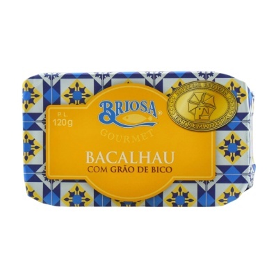 Lata metálica de bacalhau com grão de bico da marca Briosa com padrão azulejar azul e amarelo