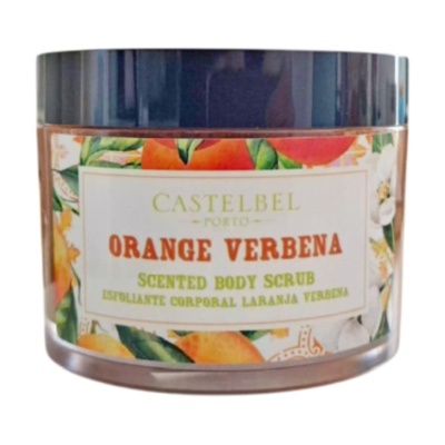 Esfoliante corporal Orange Verbena Castelbel Porto com embalagem redonda e tampa preta.