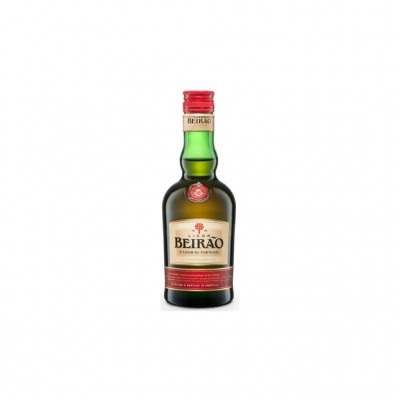 Garrafa de licor Beirão de Portugal com rótulo creme e vermelho