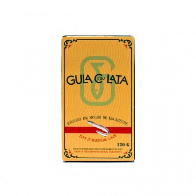 Embalagem de peixe em molho de escabeche com design vintage amarelo, vermelho e verde.