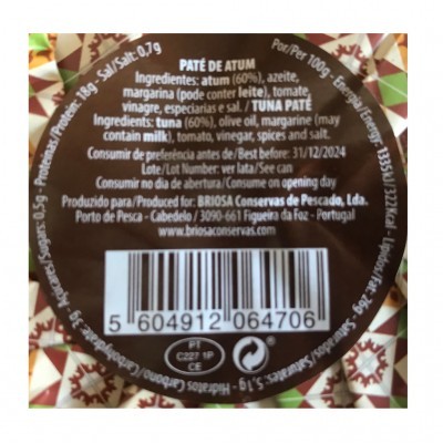 Rótulo de paté de atum com ingredientes, validade, código de barras e informações do produtor