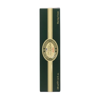 Embalagem verde escura e dourada de creme de barbear Lavanda Adolfo