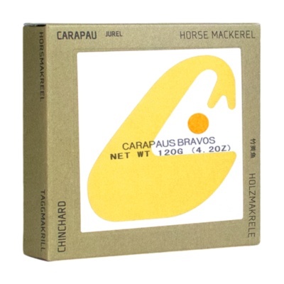 Embalagem de cartão para carapaus bravos com desenho amarelo e texto informativo.