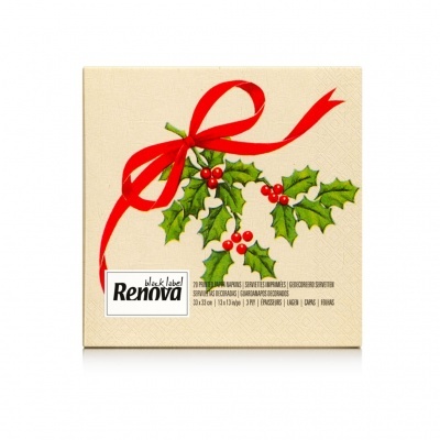 Caixa de guardanapos Renova com desenho de azevinho e laço vermelho