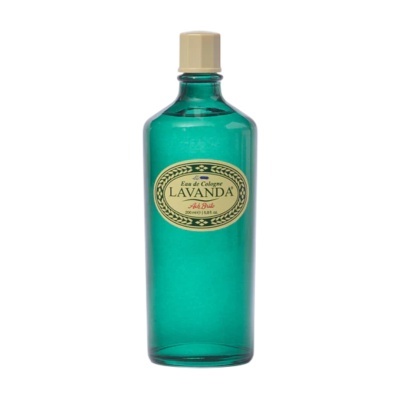 Garrafa verde com rótulo amarelo de água de colónia Lavanda