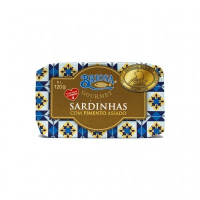 Lata de sardinhas Brisa Gourmet com pimento assado em embalagem azul, branco e amarelo