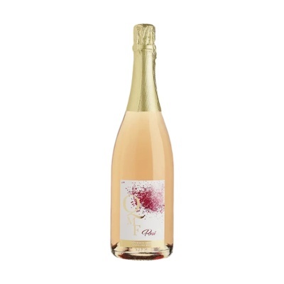 Garrafa de espumante rosé com rótulo branco e dourado