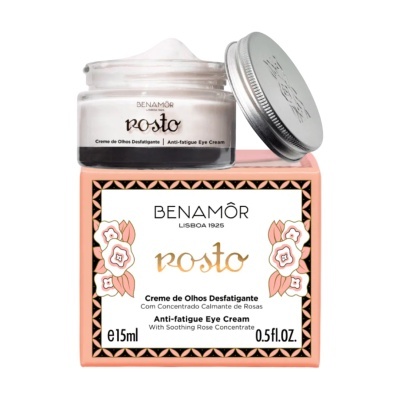 Creme de olhos anti-fadiga Benamôr em frasco de vidro com embalagem rosa e detalhes florais