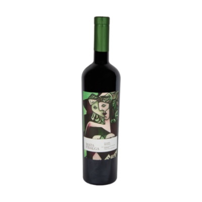 Garrafa de vinho tinto com rótulo artístico verde e roxo
