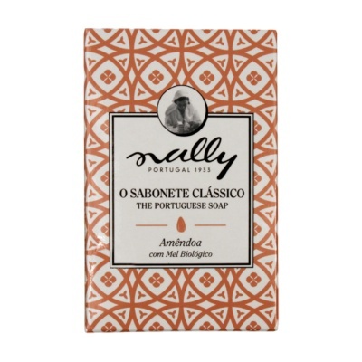 Embalagem de sabonete Mally com padrão laranja e branco e texto informativo.