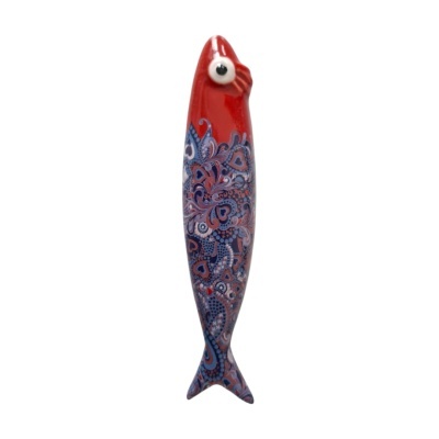Figura decorativa peixe cerâmico vermelho e azul com padrões