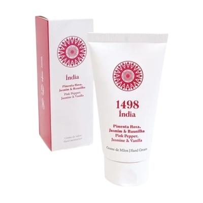 Creme de mãos 1498 Índia com embalagem branca e rosa e texto vermelho