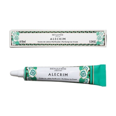 Embalagem e tubo de creme de lábios ALECRIM BENAMÔR com design floral verde e branco