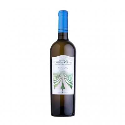 Garrafa de vinho branco Quinta de Lagoa Velha com rótulo branco e cápsula azul
