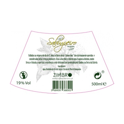 Rótulo de licor Flor de Sabugueiro da Zimbro com texto e informações de volume e teor alcoólico