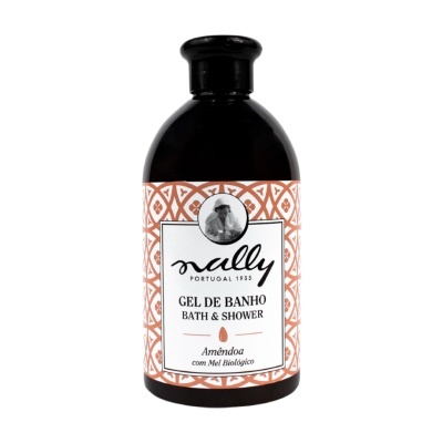 Frasco preto de gel de banho Nally com rótulo branco e padrão laranja