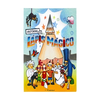Capa de livro infantil colorida com lápis gigante, personagens animadas e aranha.
