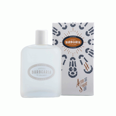 Após barba em frasco de vidro fosco com caixa branca e padrão de pegadas