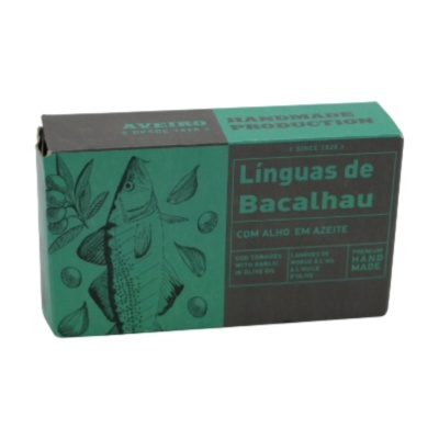Embalagem verde e preta de l nguas de bacalhau com ilustra de peixe e texto