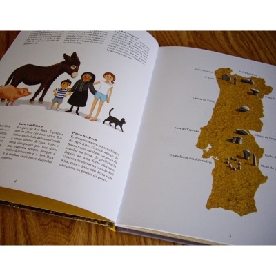 Livro aberto com ilustrações e texto em português