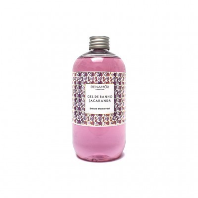 Garrafa de gel de banho roxo com rótulo e tampa prateada