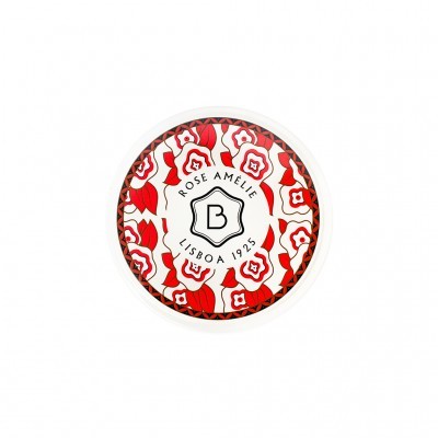 Tampa de embalagem redonda com padrão floral vermelho e branco e texto