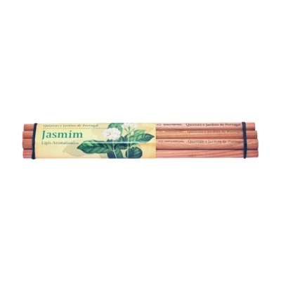 Lápis aromatizados de jasmim com embalagem ilustrada e texto em português