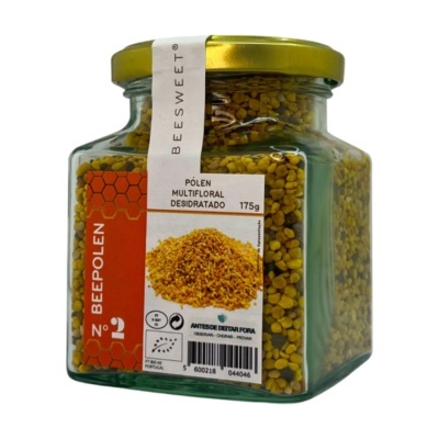 Frasco de vidro com pólen multifloral desidratado e tampa dourada