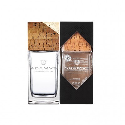 Frasco de perfume ADAMVS com tampa em cortiça e embalagem preta recortada