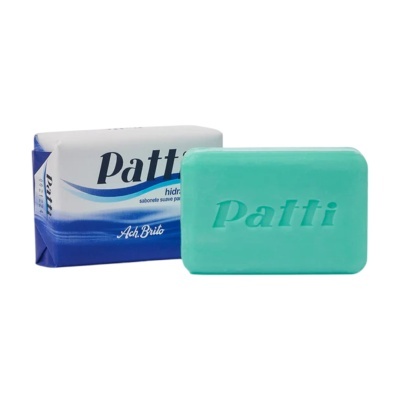 Sabonete sólido azul turquesa com embalagem branca e azul da marca Patti.