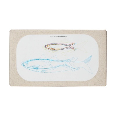 Embalagem de cartão com ilustração de peixes coloridos e texto