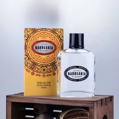Frasco de água de colónia e caixa decorada amarela e castanha