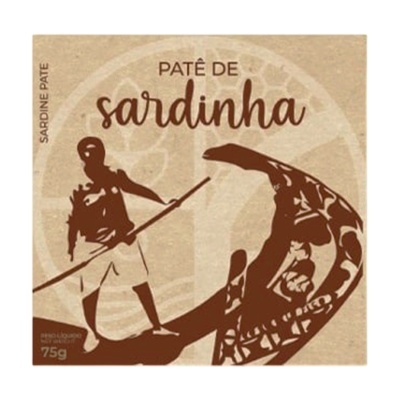 Rótulo de patê de sardinha com ilustração e texto em castanho sobre fundo bege.