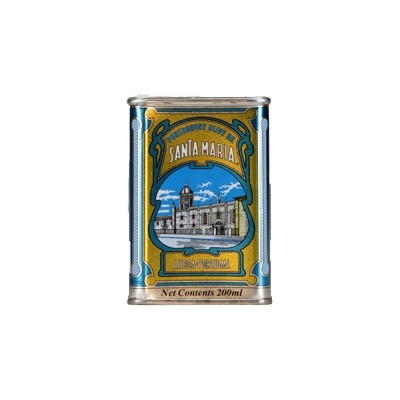 Lata metálica azul Santa Maria com imagem de edifício histórico e texto