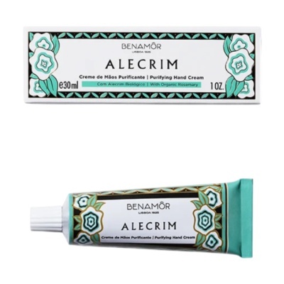 Creme de mãos purificante Benamôr Alecrim com embalagem e tubo decorados em branco, turquesa e verde.