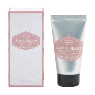 Creme de mãos Jasmim Branco Castelbel em embalagem rosa e branco e tubo prateado