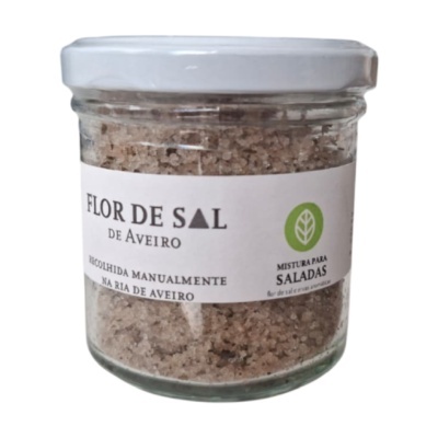 Frasco de flor de sal de Aveiro com etiqueta branca e tampa branca