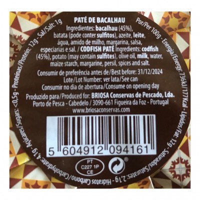 Rótulo de patê de bacalhau com lista de ingredientes e informações de validade e produção.