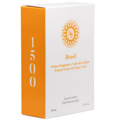 Caixa de perfume branca e laranja com texto sobre Frutos Tropicais e Cana de Açúcar