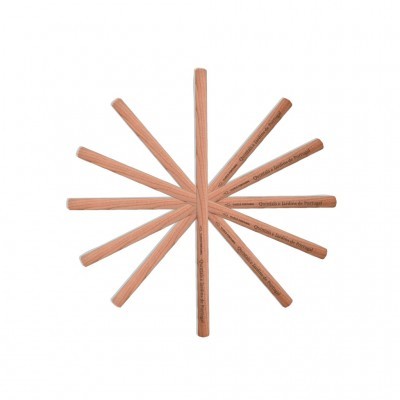 Conjunto de lápis de cor em madeira natural dispostos em formato radial sobre fundo branco